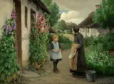 H. A. Brendekilde, A summer day in the village with a little girl and an elderly woman.