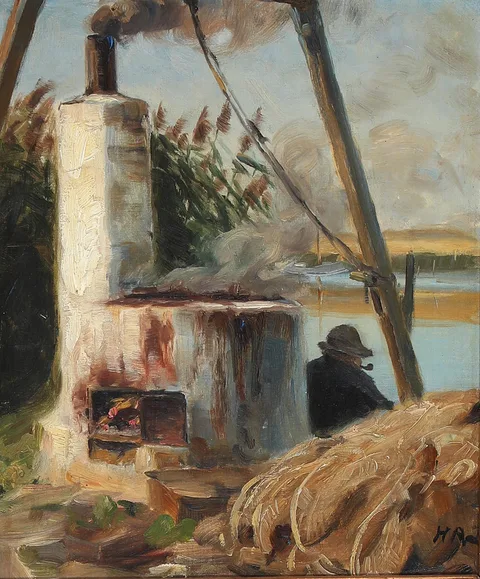 H. A. Brendekilde, A man sitting at the smoking oven.