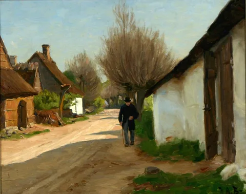 H. A. Brendekilde, An elderly man is walking through the village.