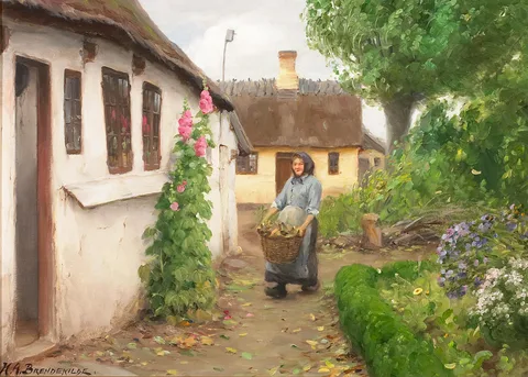 H. A. Brendekilde, The firewood is carried to the house.