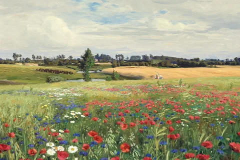 H. A. Brendekilde, A field of cornflowers, poppies and daisies.