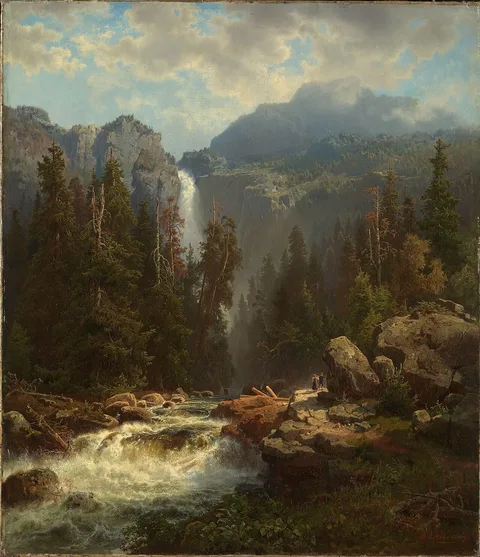 August Wilhelm Leu, Norwegian Landscape with a Waterfall