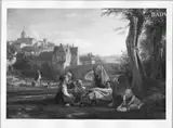 Friedrich Eduard Meyerheim, Landscape : a talking woman with children near a town