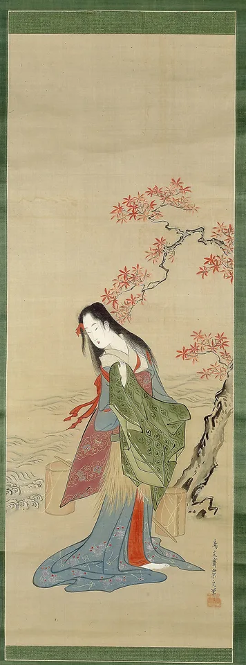 Hosoda Eishi, The Salt Maidens, Matsukaze with Yukihira's Coat
