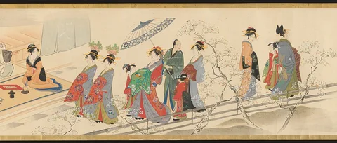 Hosoda Eishi, Three Gods of Good Fortune Visit the Yoshiwara; or “Scenes of Pleasure at the Height of Spring”