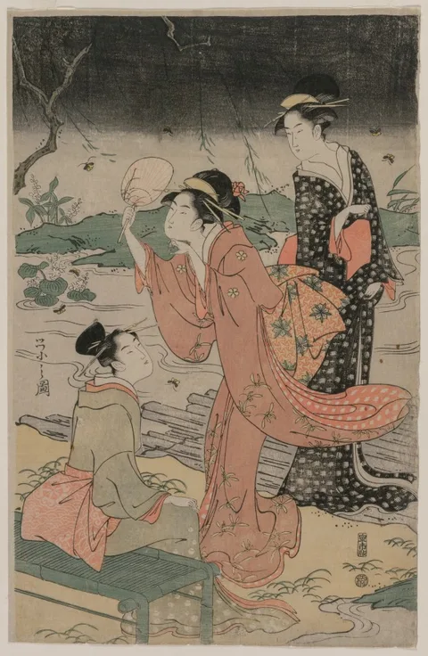 Hosoda Eishi, Women Beside a Stream Chasing Fireflies