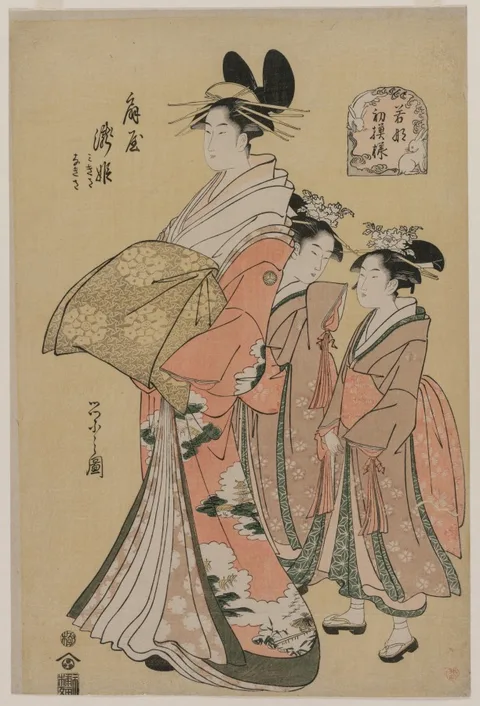 Hosoda Eishi, The Courtesan Takihime and Attendants (from the series New Patterns of Young Greens)