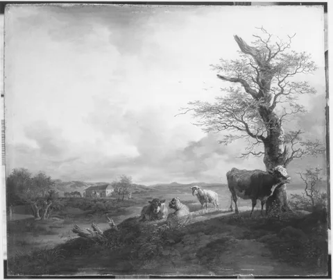 Max Joseph Wagenbauer, Landscape with a cow rubbing against a beech