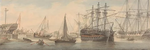 Samuel Atkins, Men-of-War and other Shipping on the Thames (most probably at Deptford)