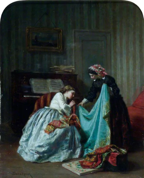 Théophile Emmanuel Duverger, Interior with Two Women Examining Cloth