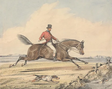 Samuel Henry Alken, Foxhunting: Rider Approaching a Fence by a Pond, Hound Swimming Through
