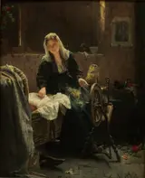 Edward Portielje, Interior with a woman spinning near a cradle