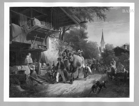 Ludwig Voltz, gipsies with bear, camel ... in a village