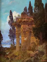 Ferdinand Knab, Lake Landscape with Ruined Temple