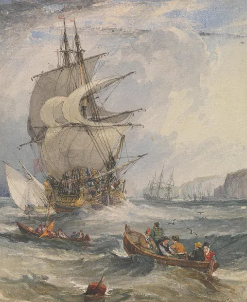 Samuel Owen, Sailing Ships and Small Boats in Rough Sea off the Coast