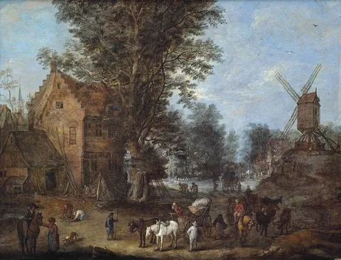 Joseph van Bredael, A village scene with travellers and wagoners and numerous other figures at their daily activities