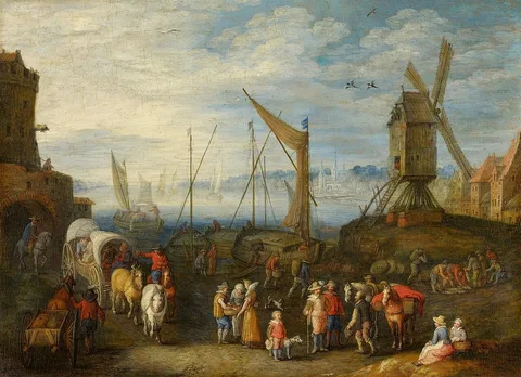 Joseph van Bredael, Harbour scene with a Windmill