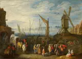 Joseph van Bredael, Harbour scene with a Windmill
