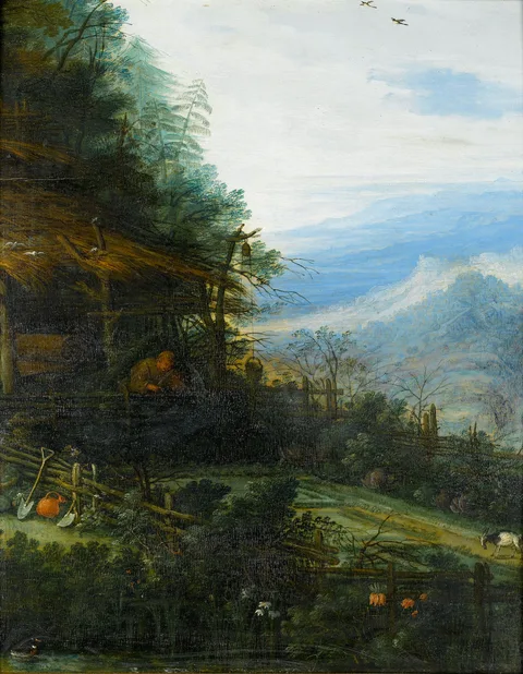 Joseph van Bredael, A mountainous landscape with a figure reading before a cottage