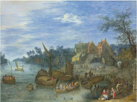Joseph van Bredael, A river landscape with boats by a village.jpg