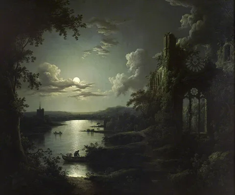 Sebastian Pether, Moonlit Lake with a Ruined Gothic Church, a Church and Boatmen