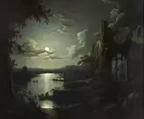 Sebastian Pether, Moonlit Lake with a Ruined Gothic Church, a Church and Boatmen