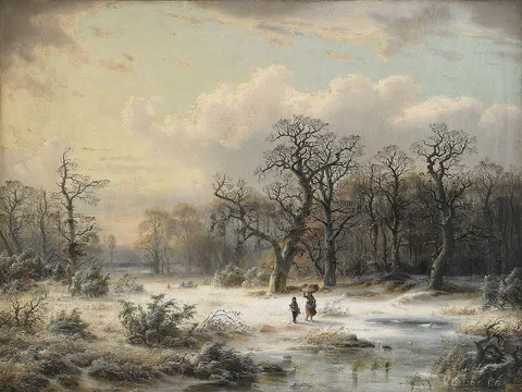 Ludwig Scheins, Winter landscape with mother and child