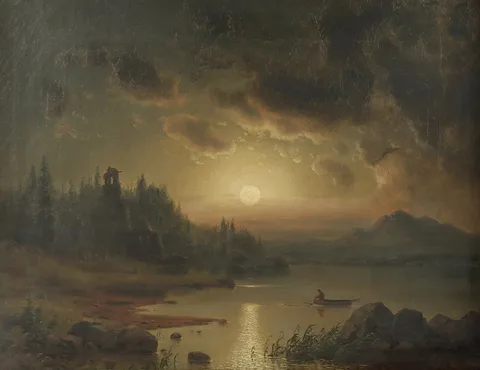 Ludwig Scheins, Moonlight landscape with ruins and fishermen