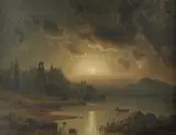 Ludwig Scheins, Moonlight landscape with ruins and fishermen