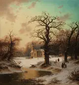 Ludwig Scheins, Winter landscape with gnarled Oaks in front of a church