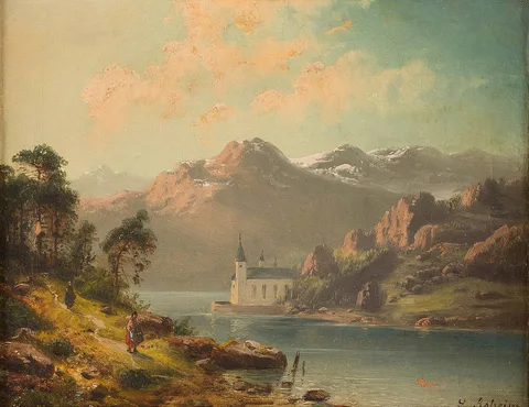 Ludwig Scheins, Alpine lake with chapel