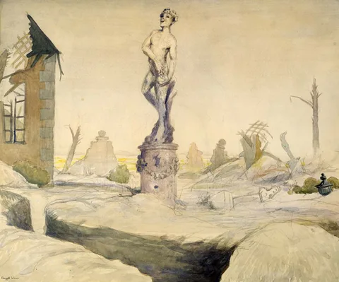 Claggett Wilson, Bacchus Survivor--In the Ruined Garden of an Old Chateau in the Champagne Country There Remains, Triumphant, the Statue of Bacchus, Chipped and Scarred but Still Laughing as He Squeezes the Stone Grapes into the Stone Cu