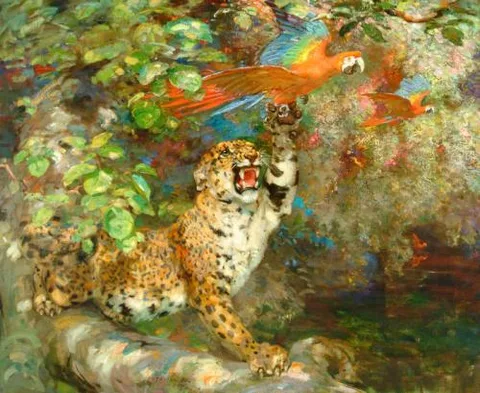 William Walls, A Jaguar and Macaws (or 'Just Missed' or 'On The Banks of The Orinoco)