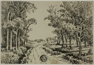 George Ernest Colby, Tree-Lined Road with Houses and Telegraph Poles in Distance