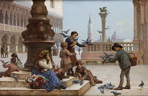 Antonio Paoletti, Tauben fütternde Kinder in Venedig