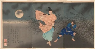 Tsukioka Yoshitoshi, Fujiwara no Yasumasa Playing His Flute in the Moonlight