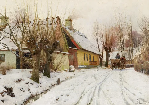 Peder Mønsted, A winter day in a village with a horse cart on the road.