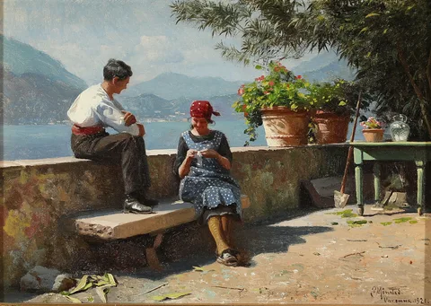 Peder Mønsted, Two italians enjoying the view from Varenna by Lake Como