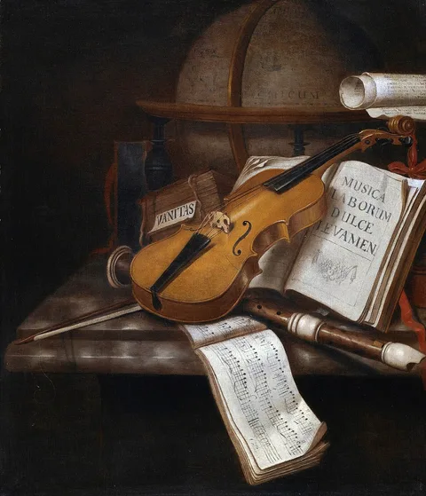 Edwaert Collier, A vanitas still life with a violin, a recorder and a score of music on a marble table-top
