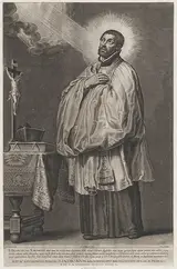 Schelte Adamsz. Bolswert, Saint Francis Xavier with a divine light emanating towards him from the upper left, with a crucifix, mitre, and book on a table at left