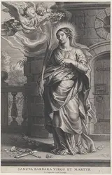 Schelte Adamsz. Bolswert, Saint Barbara holding palm leaves with a sword and flowers at her feet, two putti overhead holding a laurel