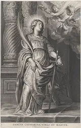 Schelte Adamsz. Bolswert, Saint Catherine holding palm leaves and a sword, two putti overhead holding a laurel