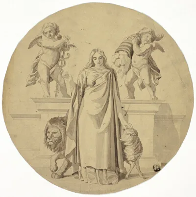 Frederic Leighton, Allegorical Female Figure with Lion, Lamb, Two Putti