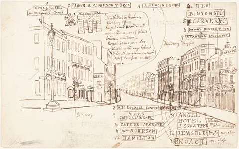 George Cruikshank, Street Perspective with Places of Business Labeled