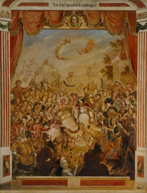 George Cruikshank, The First Appearance of William Shakespeare on the Stage of the Globe Theatre