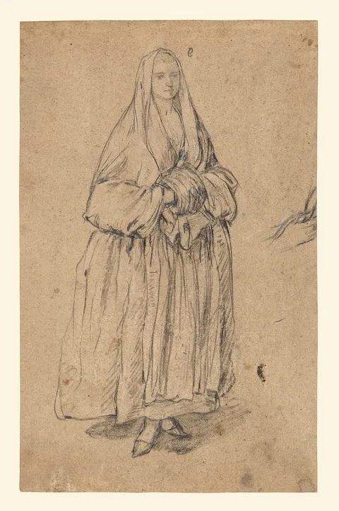 Pietro Longhi, Standing Woman Holding a Muff, Turned Slightly to the Right (recto); Studies of Heads (verso)