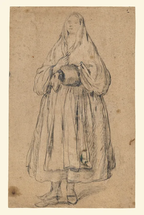Pietro Longhi, Standing Woman Holding a Muff, Turned Slightly to the Left (recto); Studies of Heads (verso)