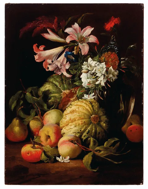 Abraham Brueghel, Lilies and other flowers in a glass vase with peaches and melons