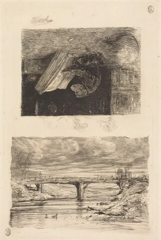 Alexandre-Gabriel Decamps, River Landscape with a Bridge; Monkey Paging through a Book