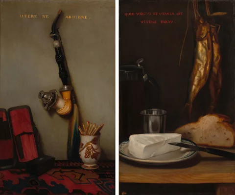 Alexandre-Gabriel Decamps, Still Life with Pipe and Matches and Still Life with Herring, Bread, and Cheese (pair)